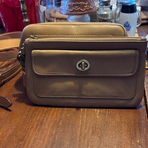 Coach Tan Leather Wristlet Clutch with Turnlock Pocket